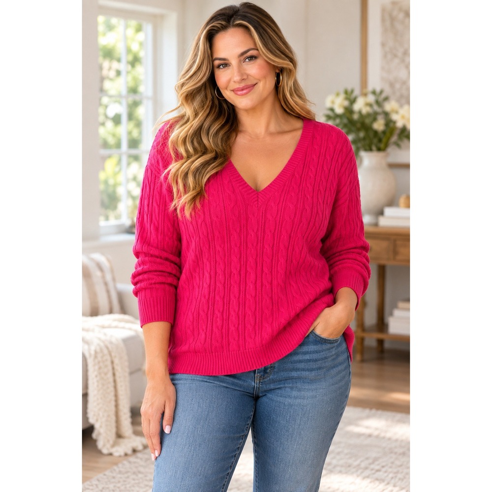 St. John's Bay Womens Hot Pink Cable Knit V-Neck Sweater 3X Plus New
